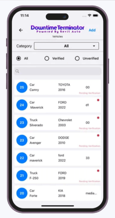 Downtime Terminator App Revit Auto | Revit Auto Downtime Terminator fleet maintenance app by Revit Auto showing a fleet vehicle list on a phone