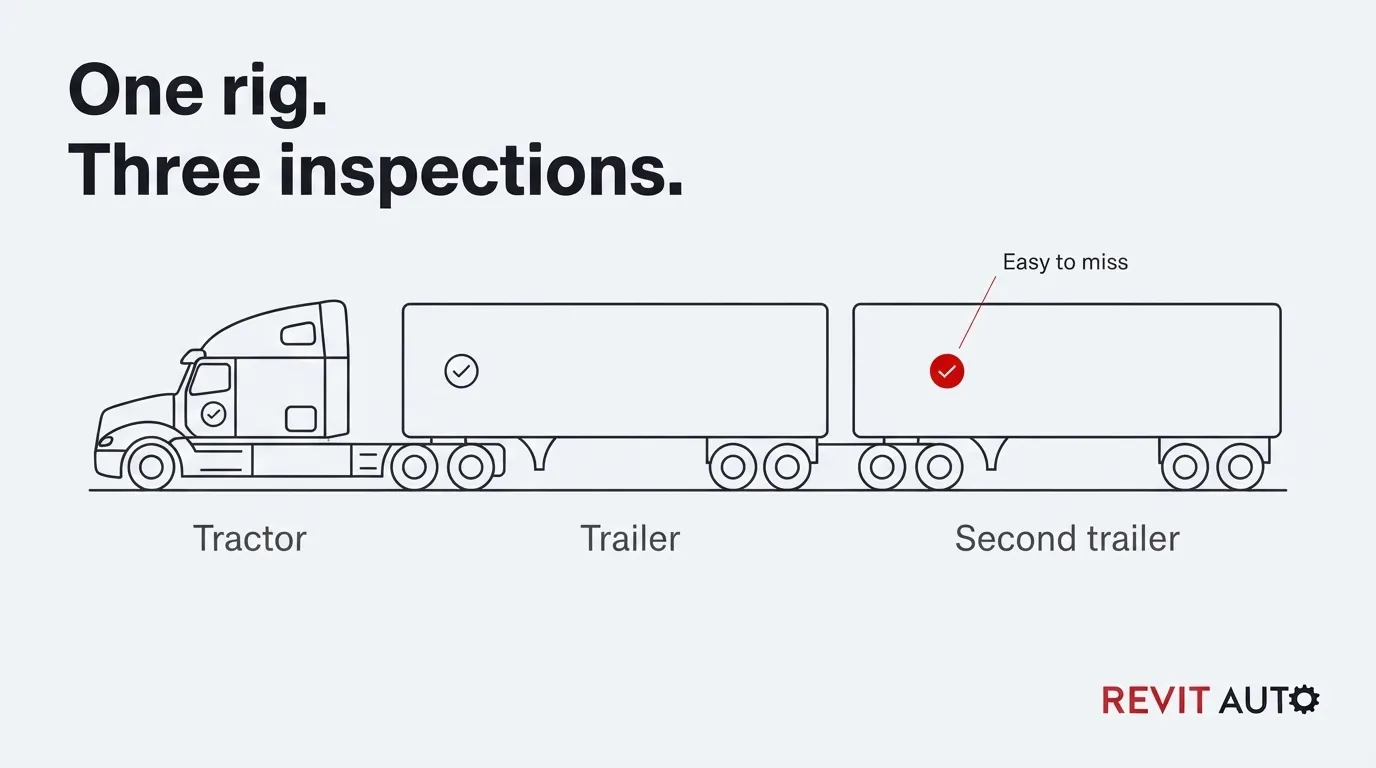 ra 01 dot requirements ig2 | Revit Auto Tractor pulling two trailers, each with its own inspection decal, showing a double rig needs three DOT inspections