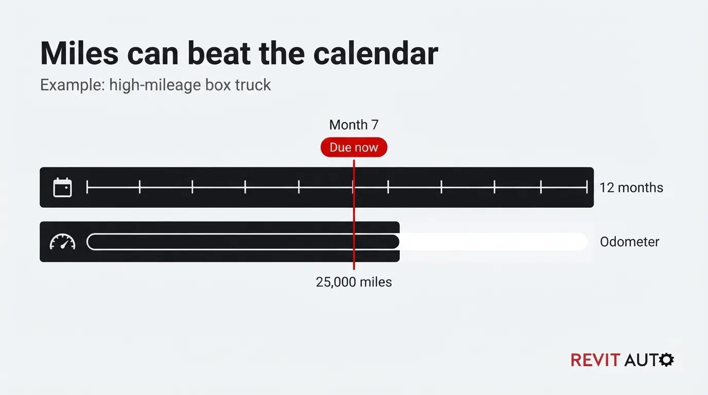 ra 01 dot requirements ig4 | Revit Auto Timeline showing a high-mileage Maryland truck hitting 25,000 miles at month 7, due for inspection before 12 months