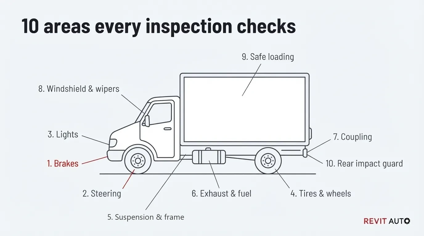 ra 01 dot requirements ig5 | Revit Auto Labeled truck diagram of the 10 areas checked in an annual DOT inspection, with brakes highlighted as the top failure