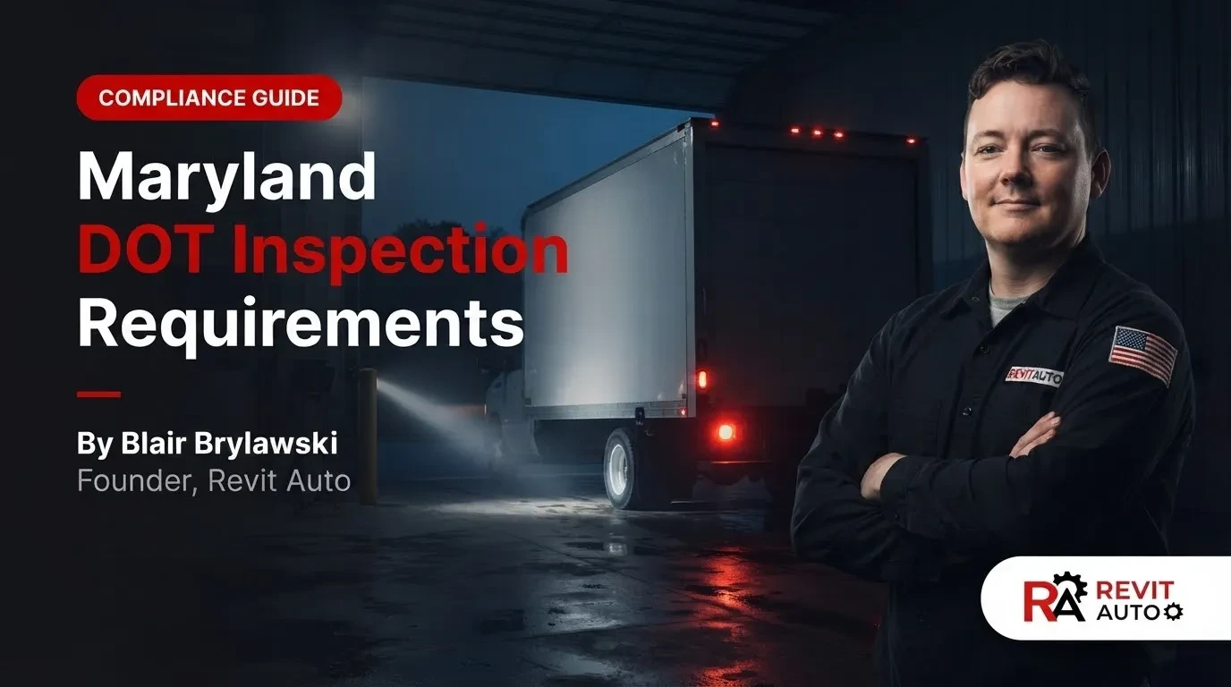 Blair Brylawski, founder of Revit Auto, beside a box truck in a floodlit inspection bay for the guide Maryland DOT Inspection Requirements.